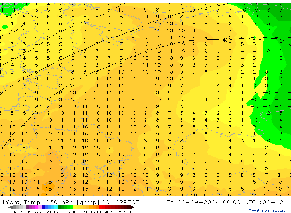 Height/Temp. 850 гПа ARPEGE чт 26.09.2024 00 UTC