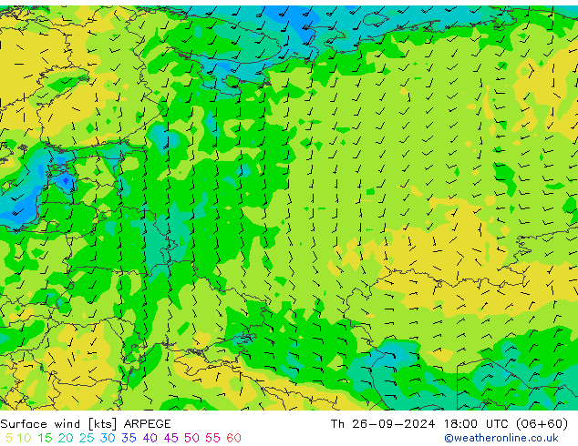 Surface wind ARPEGE Čt 26.09.2024 18 UTC