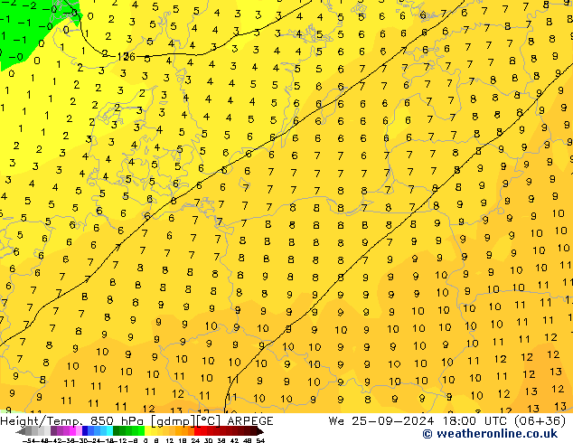 Height/Temp. 850 hPa ARPEGE We 25.09.2024 18 UTC