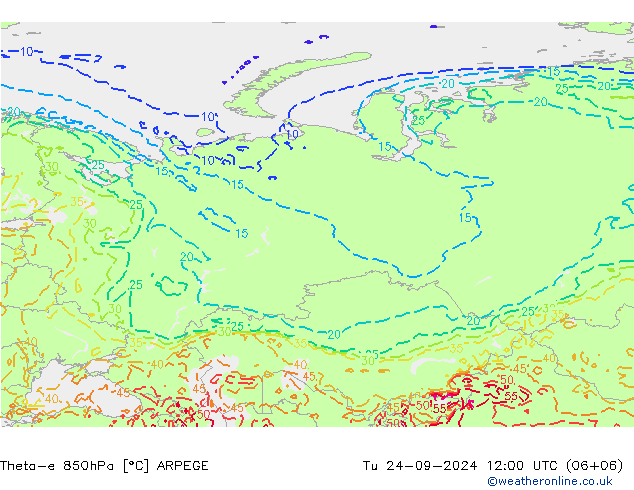 Theta-e 850hPa ARPEGE Tu 24.09.2024 12 UTC