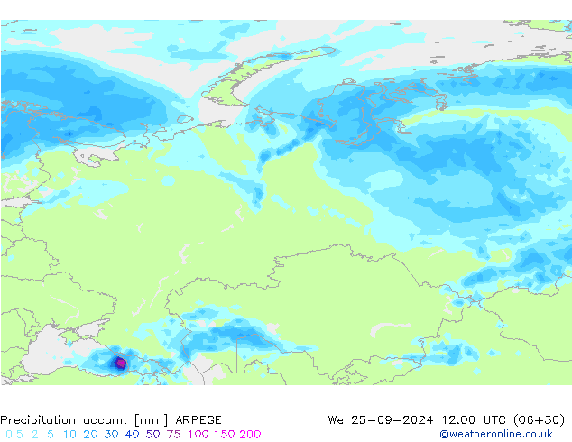 Precipitation accum. ARPEGE ср 25.09.2024 12 UTC