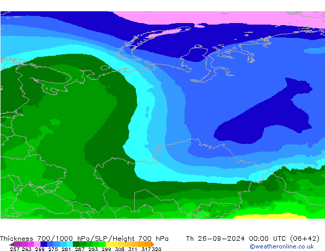 Thck 700-1000 hPa ARPEGE Th 26.09.2024 00 UTC