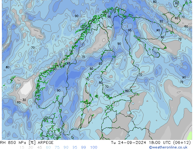 RH 850 hPa ARPEGE Út 24.09.2024 18 UTC