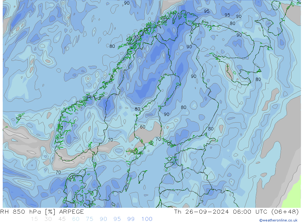 RH 850 hPa ARPEGE Do 26.09.2024 06 UTC