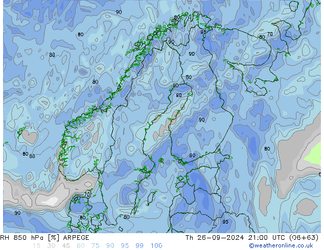 RH 850 hPa ARPEGE Th 26.09.2024 21 UTC