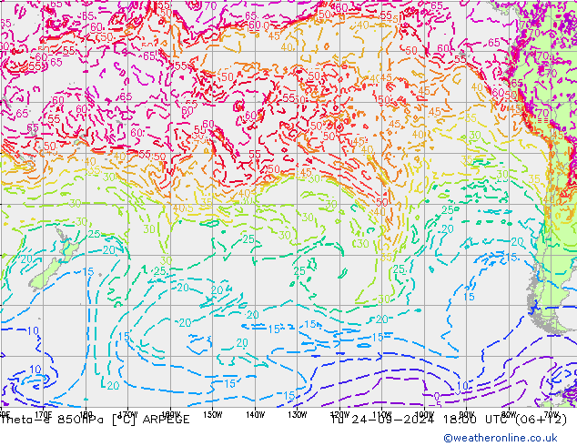 Theta-e 850hPa ARPEGE Út 24.09.2024 18 UTC