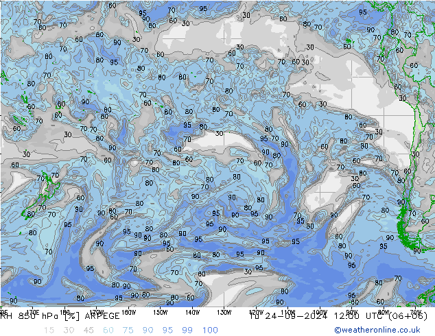 RH 850 hPa ARPEGE Tu 24.09.2024 12 UTC