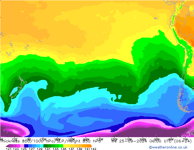 Thck 850-1000 hPa ARPEGE śro. 25.09.2024 06 UTC