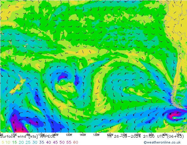 Surface wind ARPEGE Čt 26.09.2024 21 UTC