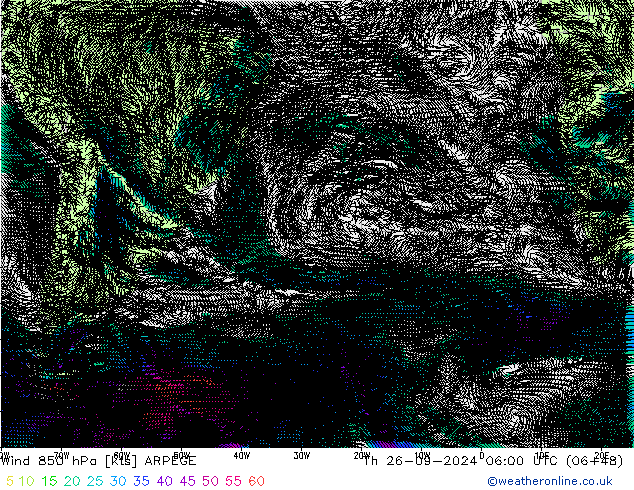 Wind 850 hPa ARPEGE do 26.09.2024 06 UTC