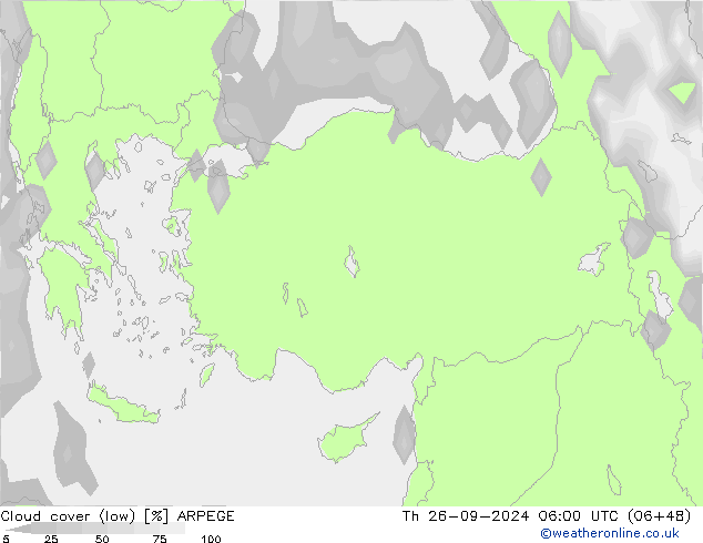 Cloud cover (low) ARPEGE Th 26.09.2024 06 UTC