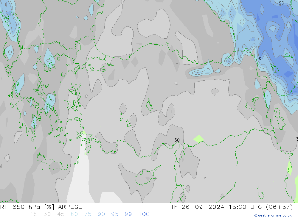 RH 850 hPa ARPEGE Th 26.09.2024 15 UTC