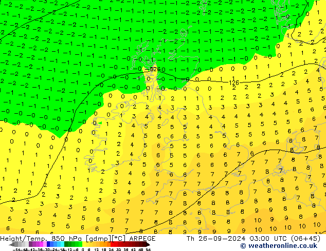 Height/Temp. 850 hPa ARPEGE czw. 26.09.2024 03 UTC