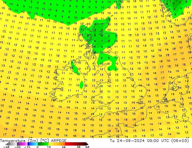 Temperature (2m) ARPEGE Út 24.09.2024 09 UTC