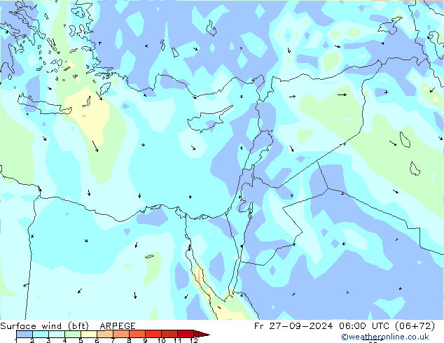 Surface wind (bft) ARPEGE Fr 27.09.2024 06 UTC