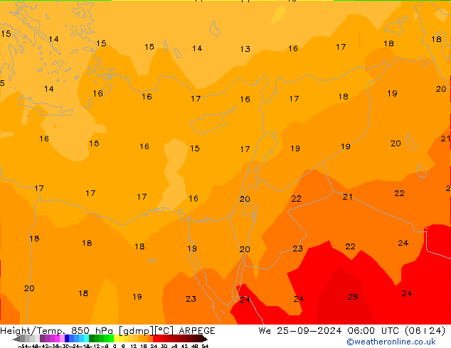 Height/Temp. 850 гПа ARPEGE ср 25.09.2024 06 UTC