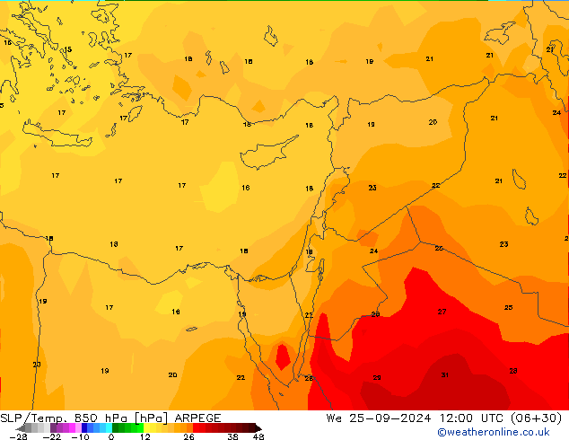 SLP/Temp. 850 hPa ARPEGE śro. 25.09.2024 12 UTC