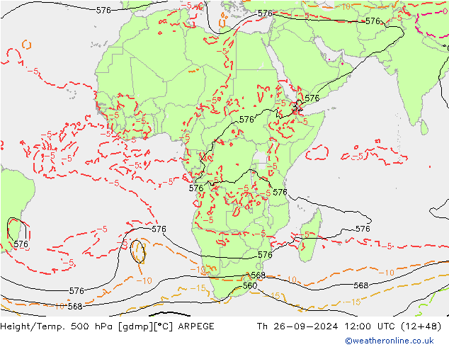 Height/Temp. 500 hPa ARPEGE Th 26.09.2024 12 UTC