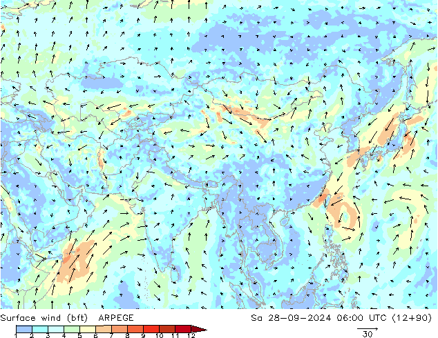 Surface wind (bft) ARPEGE So 28.09.2024 06 UTC