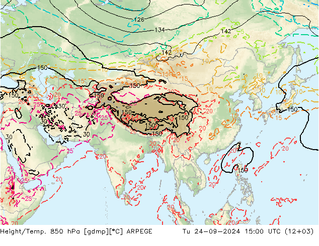 Height/Temp. 850 hPa ARPEGE mar 24.09.2024 15 UTC