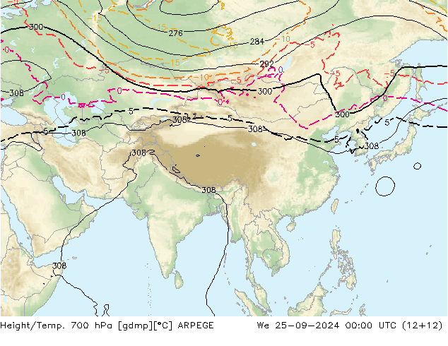 Geop./Temp. 700 hPa ARPEGE mié 25.09.2024 00 UTC