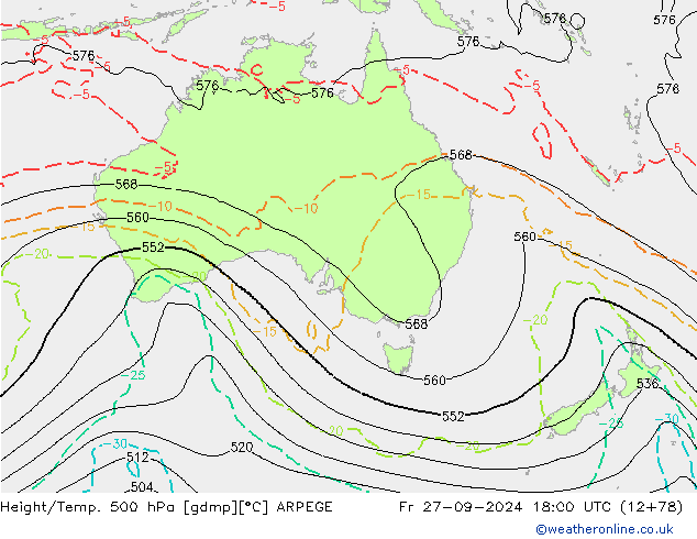 Height/Temp. 500 гПа ARPEGE пт 27.09.2024 18 UTC