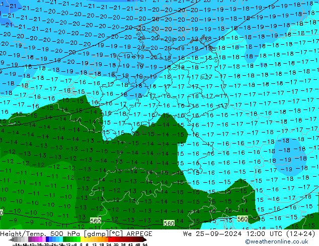 Geop./Temp. 500 hPa ARPEGE mié 25.09.2024 12 UTC