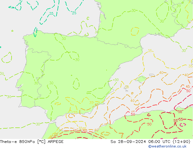 Theta-e 850hPa ARPEGE so. 28.09.2024 06 UTC