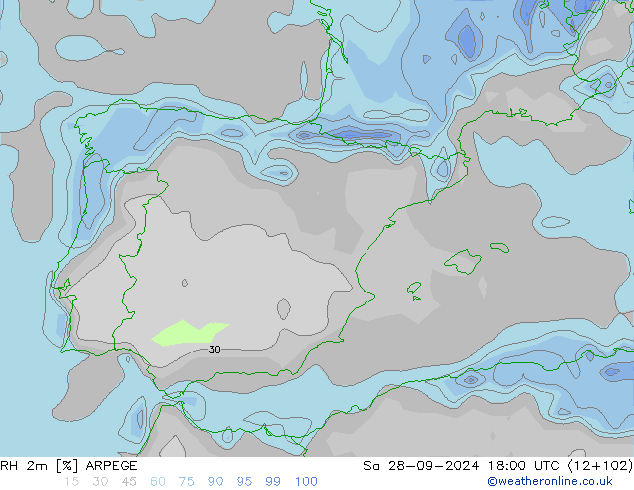 Humidité rel. 2m ARPEGE sam 28.09.2024 18 UTC