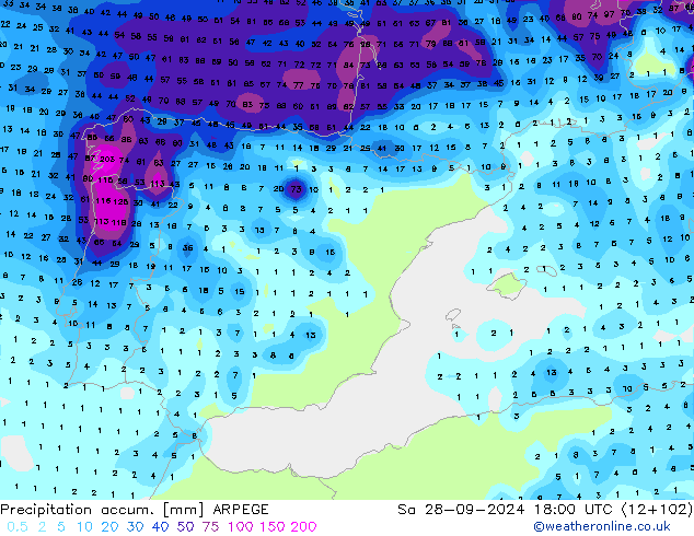 Précipitation accum. ARPEGE sam 28.09.2024 18 UTC