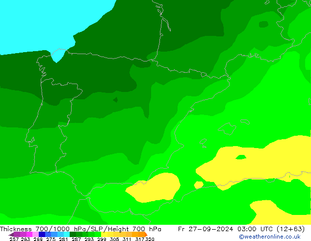 Thck 700-1000 hPa ARPEGE  27.09.2024 03 UTC