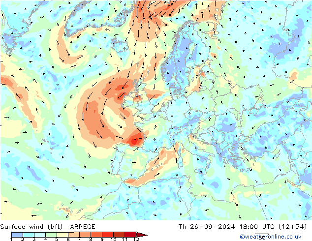 Vento 10 m (bft) ARPEGE gio 26.09.2024 18 UTC