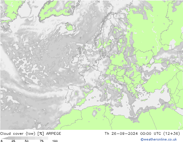 Cloud cover (low) ARPEGE Th 26.09.2024 00 UTC