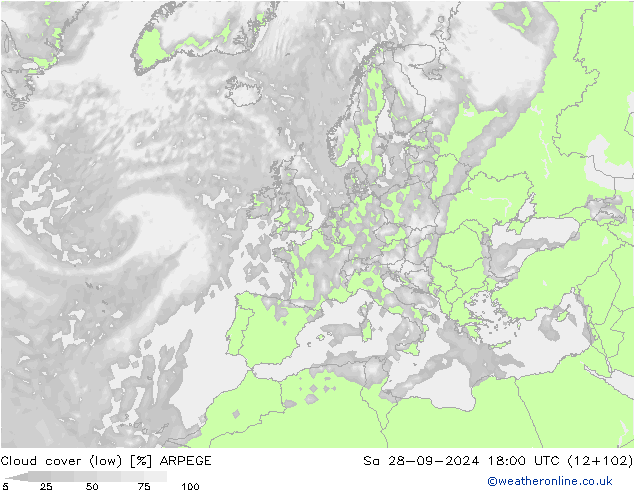 Cloud cover (low) ARPEGE Sa 28.09.2024 18 UTC