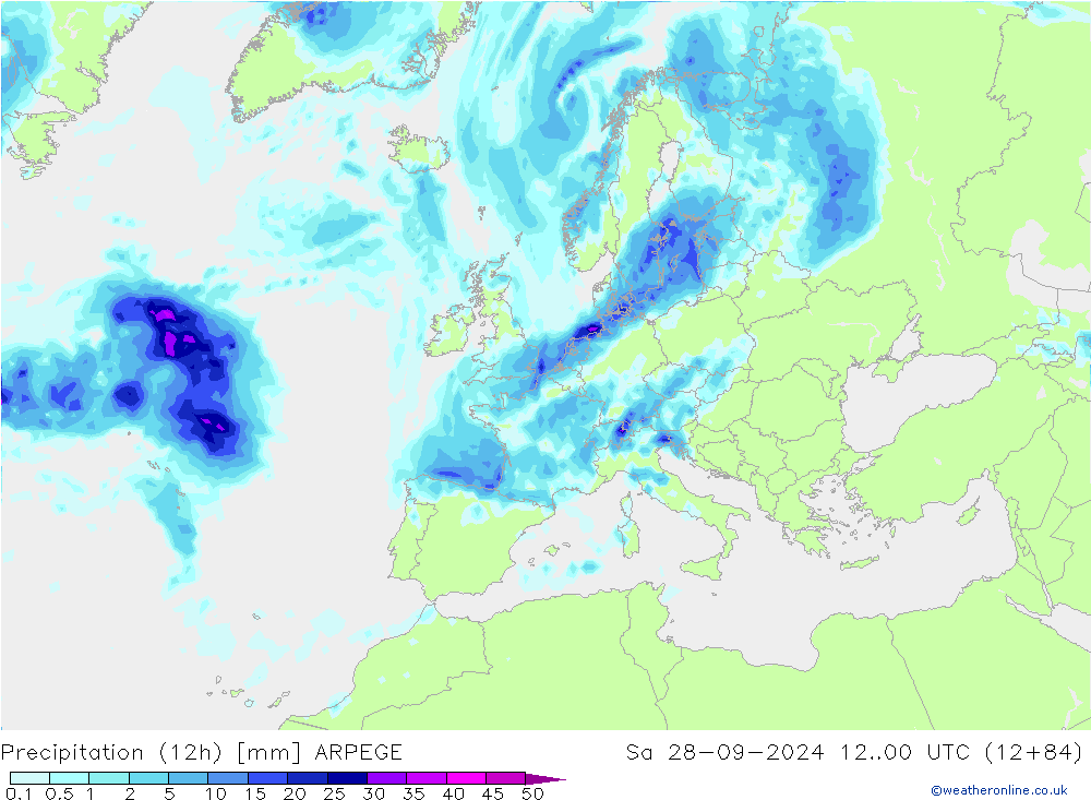 Precipitation (12h) ARPEGE Sa 28.09.2024 00 UTC