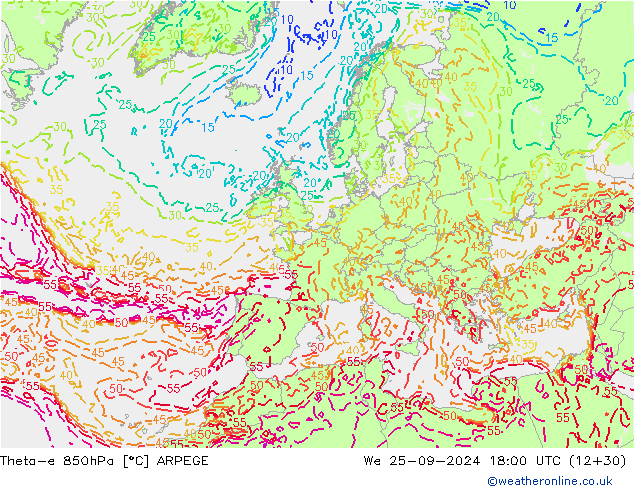 Theta-e 850hPa ARPEGE We 25.09.2024 18 UTC