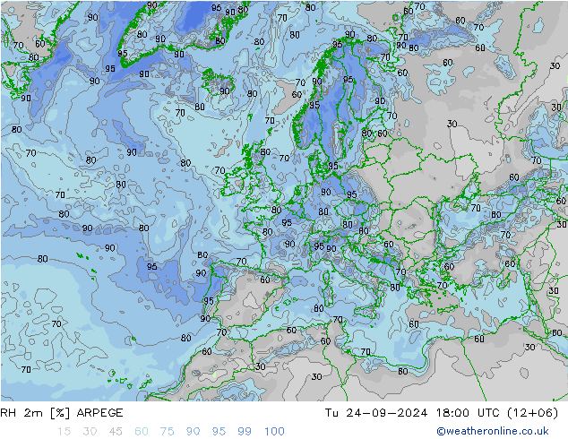 RH 2m ARPEGE Di 24.09.2024 18 UTC