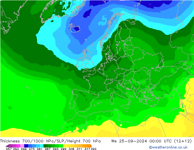 Thck 700-1000 hPa ARPEGE We 25.09.2024 00 UTC