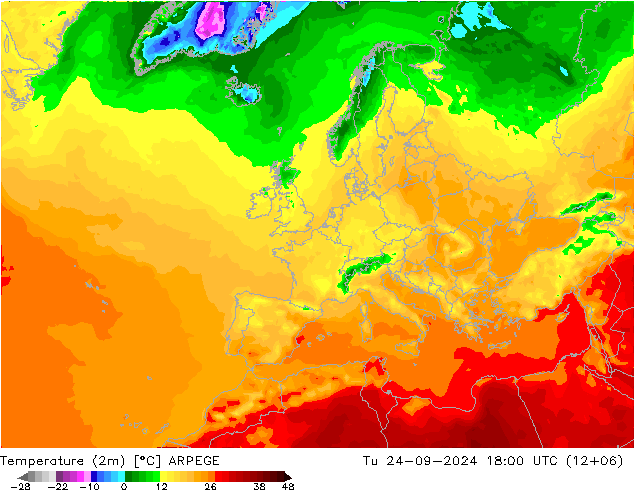 mapa temperatury (2m) ARPEGE wto. 24.09.2024 18 UTC