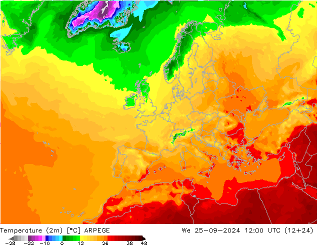 Temperatura (2m) ARPEGE Qua 25.09.2024 12 UTC