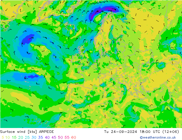 Vento 10 m ARPEGE mar 24.09.2024 18 UTC