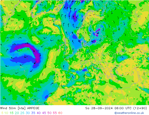 Wind 50m ARPEGE Sa 28.09.2024 06 UTC