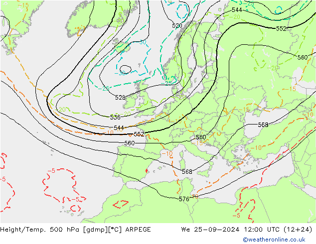 Height/Temp. 500 гПа ARPEGE ср 25.09.2024 12 UTC