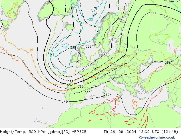 Height/Temp. 500 hPa ARPEGE Do 26.09.2024 12 UTC