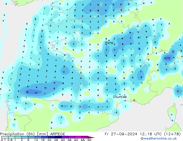 Precipitazione (6h) ARPEGE ven 27.09.2024 18 UTC