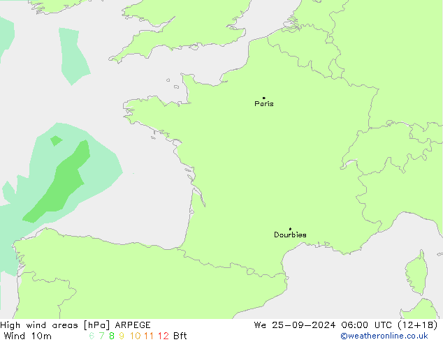 High wind areas ARPEGE We 25.09.2024 06 UTC