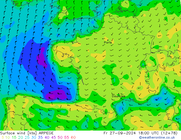 Surface wind ARPEGE Fr 27.09.2024 18 UTC