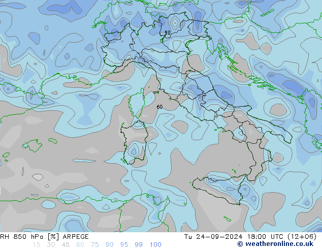 RH 850 hPa ARPEGE wto. 24.09.2024 18 UTC