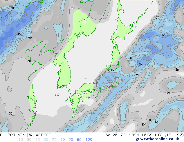 RH 700 hPa ARPEGE Sa 28.09.2024 18 UTC