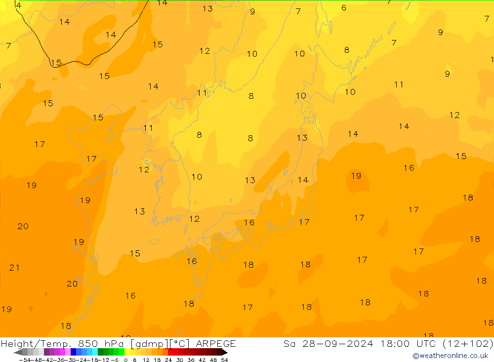Height/Temp. 850 hPa ARPEGE Sa 28.09.2024 18 UTC